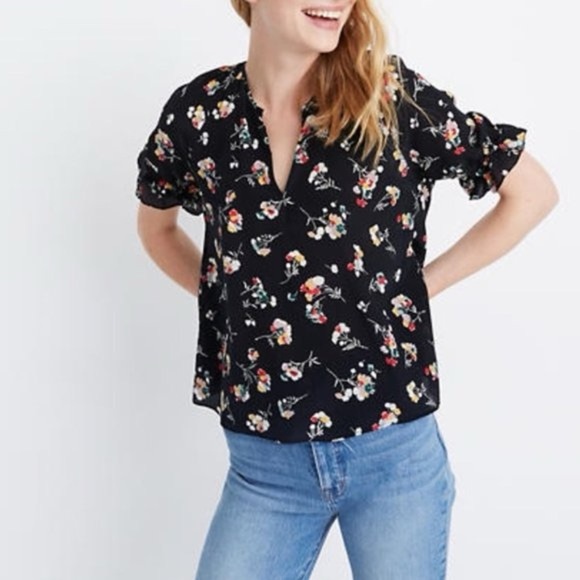 Madewell 100% Silk Notched Ruffle-Cuff Top in Carnation Toss - Picture 1 of 6